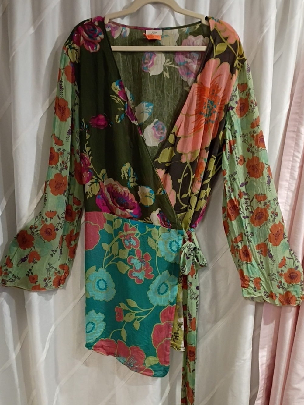 J Jill Size Large Floral Wrap Blouse with Mixed Color Panels